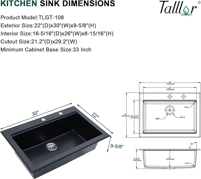 Granite Composite Kitchen Sink - 30 Inch Granite Kitchen Sink Drop In Topmount Workstation Matte Black Quartz Single Bowl Sinks All-In One, 30"x22" #TLGT-124