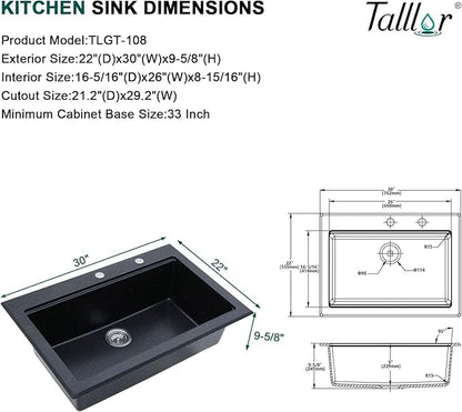 Granite Composite Kitchen Sink - 30 Inch Granite Kitchen Sink Drop In Topmount Workstation Matte Black Quartz Single Bowl Sinks All-In One, 30"x22" #TLGT-124