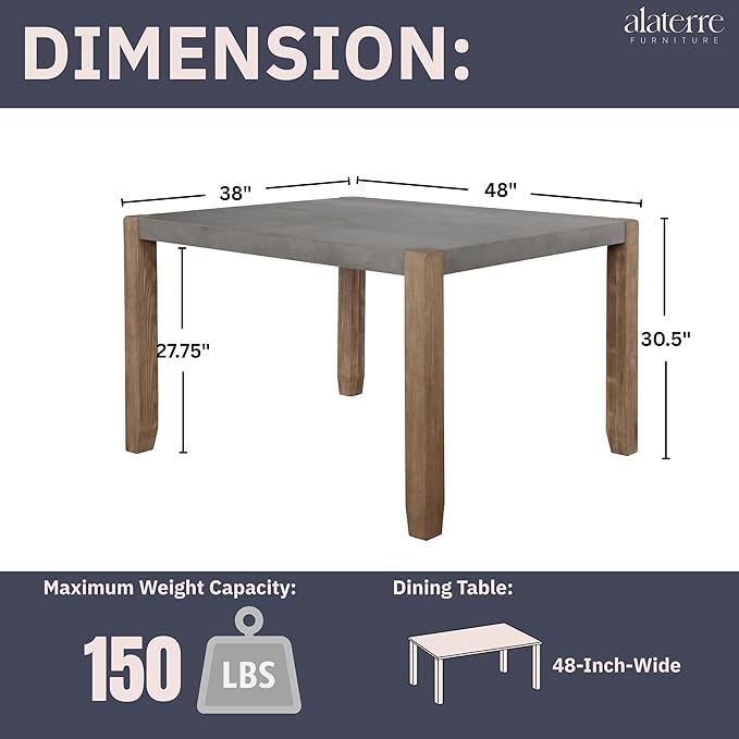Alaterre Furniture Newport Dining Table for 4 – Rustic Industrial 48” x 30” Kitchen Table with Faux Concrete Gray Top & Solid Wood Legs