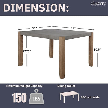 Alaterre Furniture Newport Dining Table for 4 – Rustic Industrial 48” x 30” Kitchen Table with Faux Concrete Gray Top & Solid Wood Legs