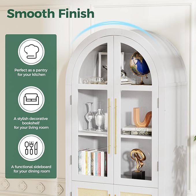 71” Tall Arched Kitchen Pantry Cabinet, 5-Tier Modern Farmhouse Flute Pantry with Adjustable Shelves, Kitchen Storage Cabinet for Kitchen, Dining Room, Living Room, White