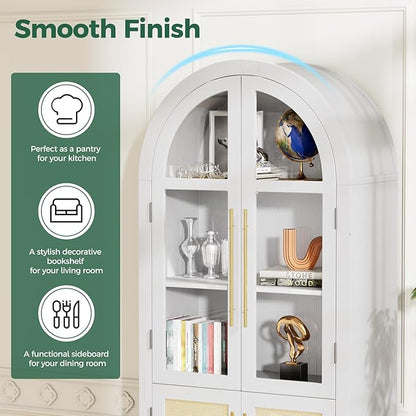 71” Tall Arched Kitchen Pantry Cabinet, 5-Tier Modern Farmhouse Flute Pantry with Adjustable Shelves, Kitchen Storage Cabinet for Kitchen, Dining Room, Living Room, White