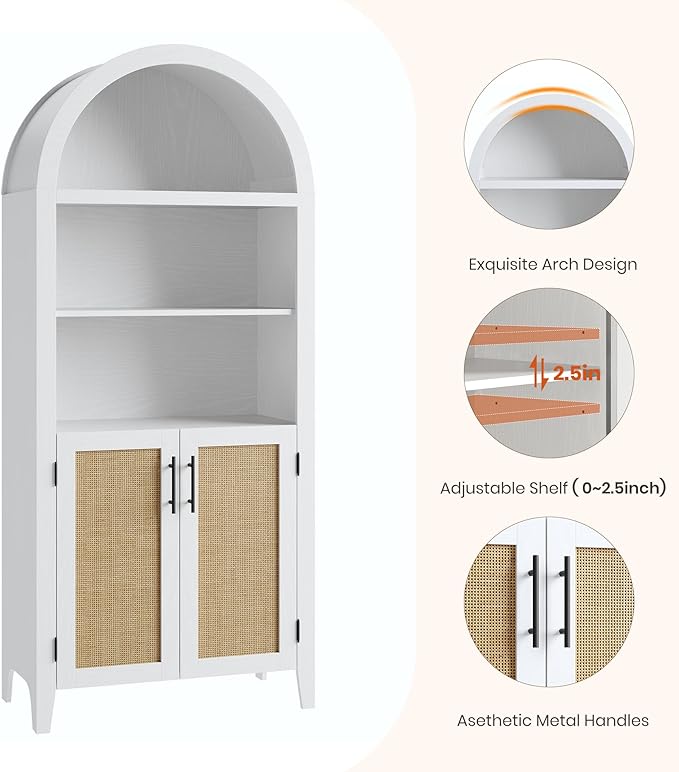 IDEALHOUSE Arched Kitchen Pantry Cabinet with Doors - 5-Tier Open Display Shelf with Rattan Decor, Farmhouse Storage Cabinet for Kitchen, Dining Room, Living Room, White