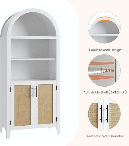 IDEALHOUSE Arched Kitchen Pantry Cabinet with Doors - 5-Tier Open Display Shelf with Rattan Decor, Farmhouse Storage Cabinet for Kitchen, Dining Room, Living Room, White