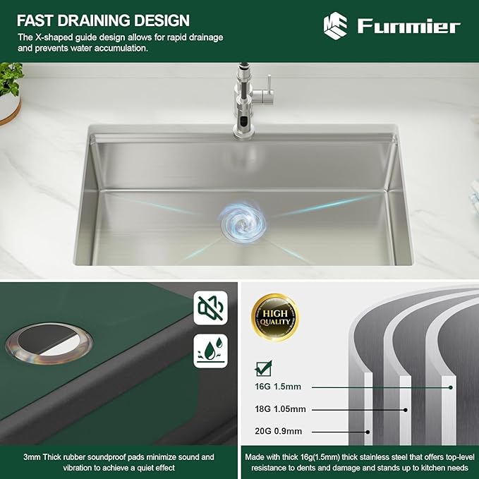 33 Inch Undermount Kitchen Sink 33 x 19 Kitchen Sinks Stainless Steel Undermount Sink Workstation 16 Gauge Single Bowl Under Mount Handmade Deep Basin