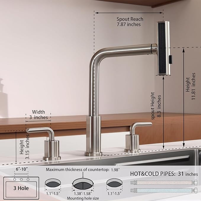 Kitchen Sink Faucet for 3 Hole with Pull Down Sprayer - 8 inch Two Handle Widespread Kitchen faucets Set with Pull Out Sprayer for Sink- Stainless Steel Brushed Nickel 3 Piece Faucet for Kitchen Sink