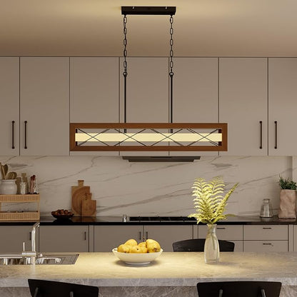 39.4" Farmhouse Dining Room Light Fixture Over Table, Rustic Wood Linear Chandeliers for Dining Room, 34W LED Dimmable Kitchen Island Lighting, Hanging Rectangular Pendant Light with Remote