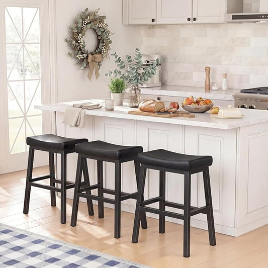 WINAZ 24 Inch Bar Stools for Kitchen Island, Kitchen Chairs Counter Height Stools with Footrest, Black Saddle Leather Barstools Heavy Duty for Dining Table Farmhouse Outdoor, 1 PC