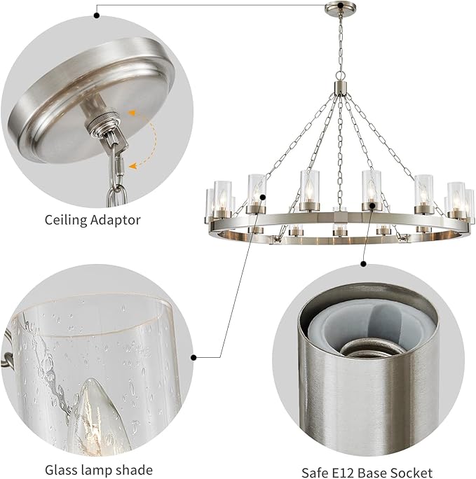 WUZUPS 15-Light Wagon Wheel Chandelier Large Rustic Farmhouse Industrial Round Pendant Light Fixture with Clear Seeded Glass Shades for Dining Room Kitchen Island, H 29.5" x W 46.5", Brushed Nickel