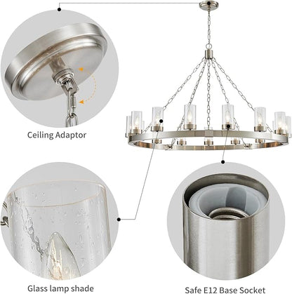 WUZUPS 15-Light Wagon Wheel Chandelier Large Rustic Farmhouse Industrial Round Pendant Light Fixture with Clear Seeded Glass Shades for Dining Room Kitchen Island, H 29.5" x W 46.5", Brushed Nickel