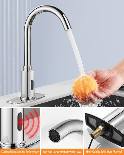 Touchless Bathroom and Kitchen Sink Faucet Commercial Public Automatic Motion Sensor Faucet with Deck Plate and Temperature Mixer,Battery or Plug-in Powered,1 Hole or 3 Hole,Chrome