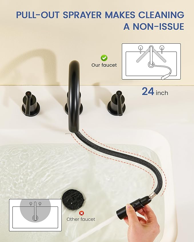 Black Bathroom Faucet 3 Hole - 8 Inch Matte Black Widespread Bathroom Faucet with Sprayer, Sink Faucet Bathroom 2 Handles - Pull Down Vanity Faucets with Pop Up Drain and Supply Lines