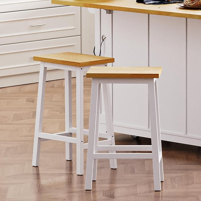 Gecheer Solid Wood Bar Stools Set of 2, 25.6" Tall White Counter Chairs with Footrests, Farmhouse Kitchen Island Seating for Indoor Living Rooms, Dining Rooms LYK-N707P185529W