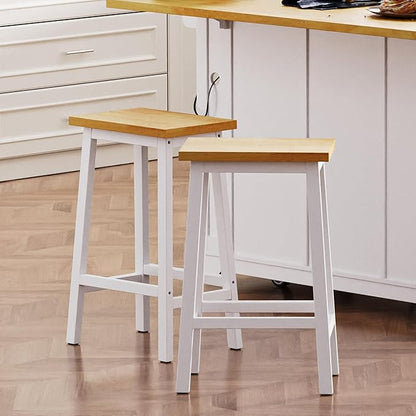 Gecheer Solid Wood Bar Stools Set of 2, 25.6" Tall White Counter Chairs with Footrests, Farmhouse Kitchen Island Seating for Indoor Living Rooms, Dining Rooms LYK-N707P185529W