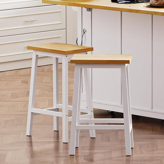 Gecheer Solid Wood Bar Stools Set of 2, 25.6" Tall White Counter Chairs with Footrests, Farmhouse Kitchen Island Seating for Indoor Living Rooms, Dining Rooms LYK-N707P185529W