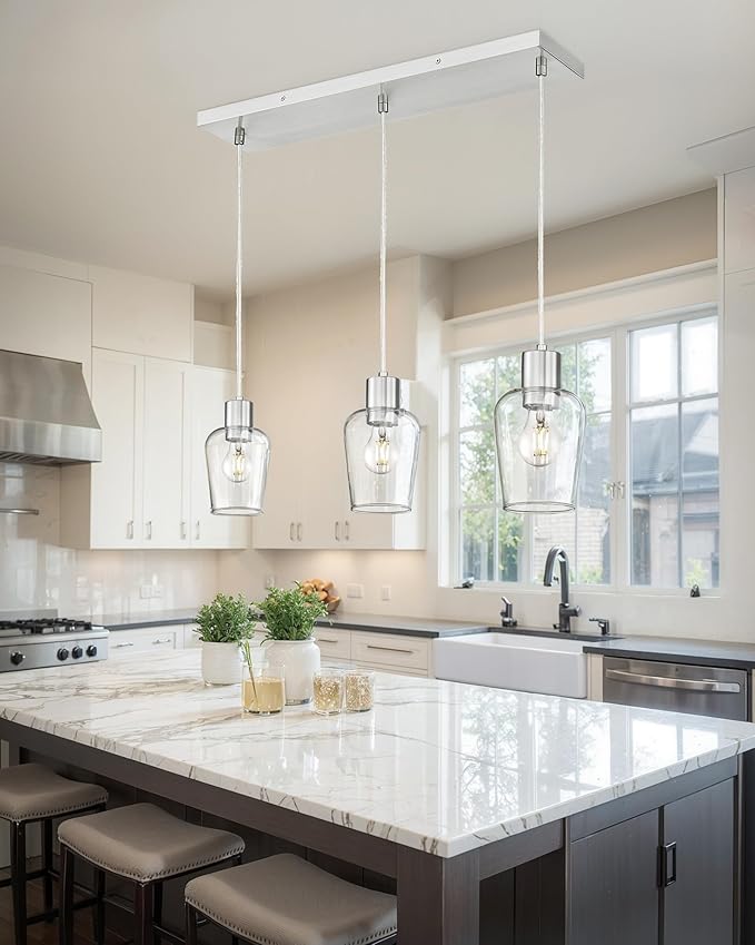 LMS Brushed Nickel Dining Room Light Fixture, 3-Light Clear Glass Island Lights, Farmhouse Linear Chandeliers for Kitchen Island Pendant Light Fixtures, LMS-123SPL-BN3