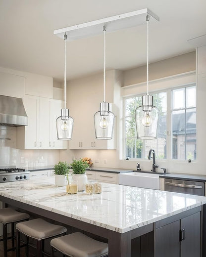 LMS Brushed Nickel Dining Room Light Fixture, 3-Light Clear Glass Island Lights, Farmhouse Linear Chandeliers for Kitchen Island Pendant Light Fixtures, LMS-123SPL-BN3