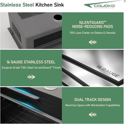 33 Inch Black Waterfall Kitchen Sink Drop In Smart Workstation Kitchen Sink 33X19 Inch 16 Guage Stainless Steel Single Bowl Multifunctional Sinks and Waterfall Faucet Combo Set with Cup Washer