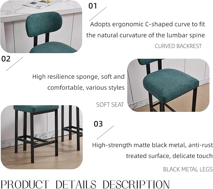 Modern Dining Chairs,Upholstered Fabric Counter Height Bar Stools, 26 Inch Sturdy Kitchen Island Chairs with Metal Legs,Natural Simple Stylish Design,Applicable To Front Porch,Garden,Patio,AntiqueGree