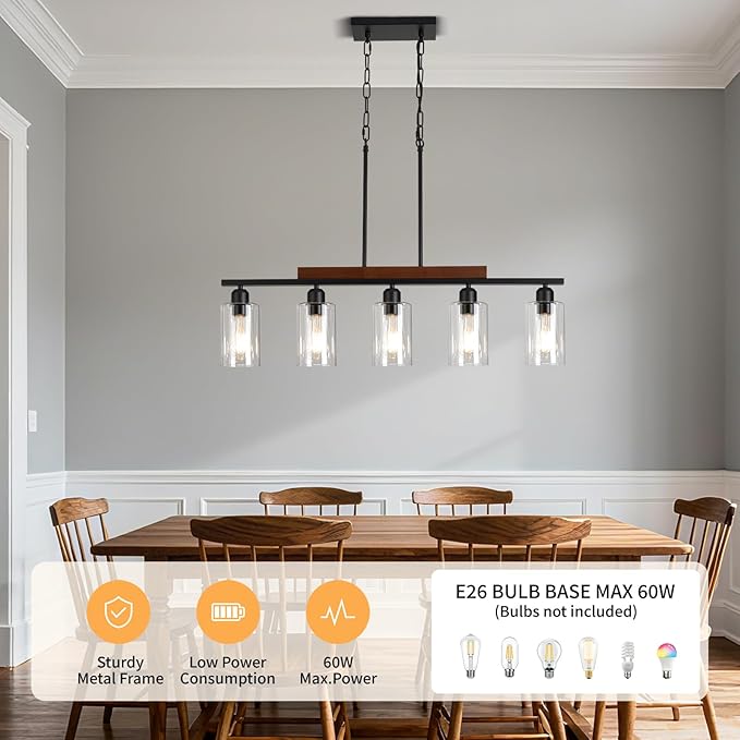 Farmhouse Dining Room Light Fixture: Modern 5-Light Kitchen Island Hanging Lighting with Glass Shade, Matte Black Industrial Linear Chandelier Over Table