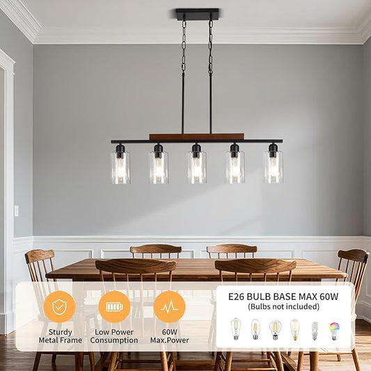 Farmhouse Dining Room Light Fixture: Modern 5-Light Kitchen Island Hanging Lighting with Glass Shade, Matte Black Industrial Linear Chandelier Over Table