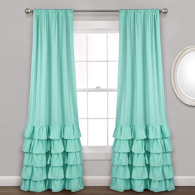 Lush Decor Allison Ruffle Light Filtering Window Curtain Panels Pair 40" W x 84" L Aqua - Coquette Curtains for Bedroom - Drapes - Ruffle Curtains Kids