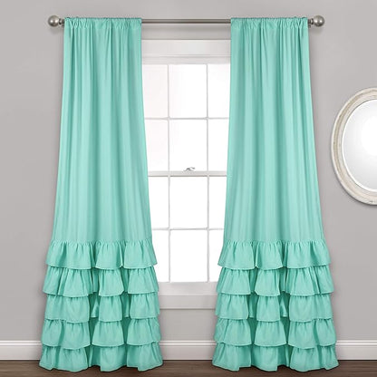 Lush Decor Allison Ruffle Light Filtering Window Curtain Panels Pair 40" W x 84" L Aqua - Coquette Curtains for Bedroom - Drapes - Ruffle Curtains Kids