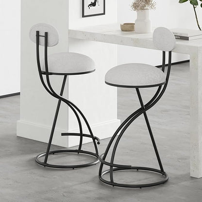 Round Print Bar Stools Set of 2 Black Metal Upholstered Chairs for Kitchen Island Dining Rooms Counter Stools (Black White Print)