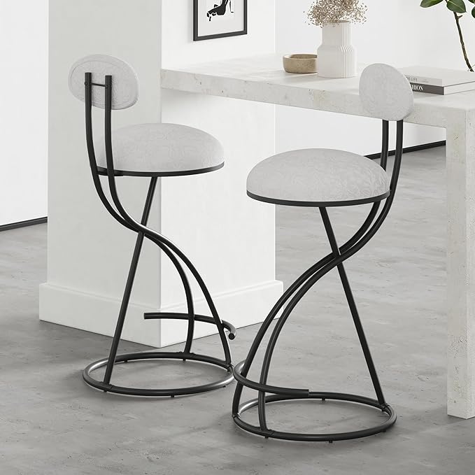 Round Print Bar Stools Set of 2 Black Metal Upholstered Chairs for Kitchen Island Dining Rooms Counter Stools (Black White Print)