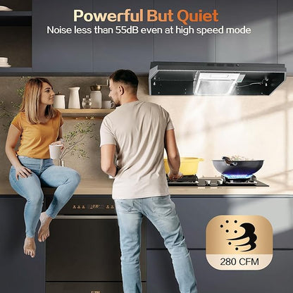 Under Cabinet Range Hood 36 inch, Ducted/Ductless Vent Hood with 2 Speeds Fan, Black Range Hood with Rocker Button Control, Kitchen Hood 280CFM, Bright LED Light