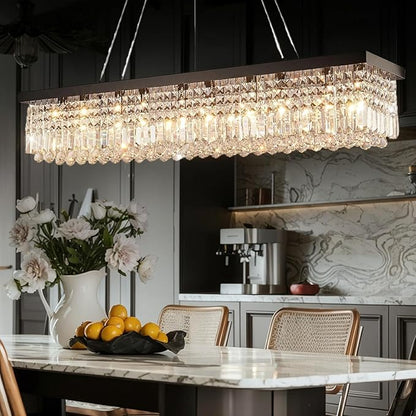 Modern Crystal Chandelier for Dining Room, 8-Light Black Rectangle Pendant Ceiling Light Fixture for Kitchen Island Bar, L40 x W10 x H10