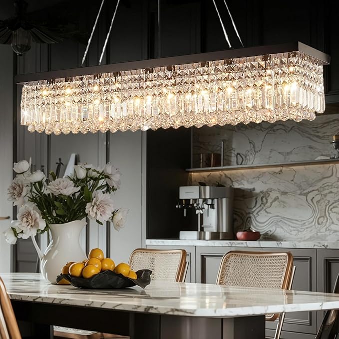 59-inch Modern Crystal Chandelier,13-Light K9 Crystal Rectangle Chandelier for Dining Room,Kitchen Island Adjustable Hanging Pendant Light Fixture,Black Finish