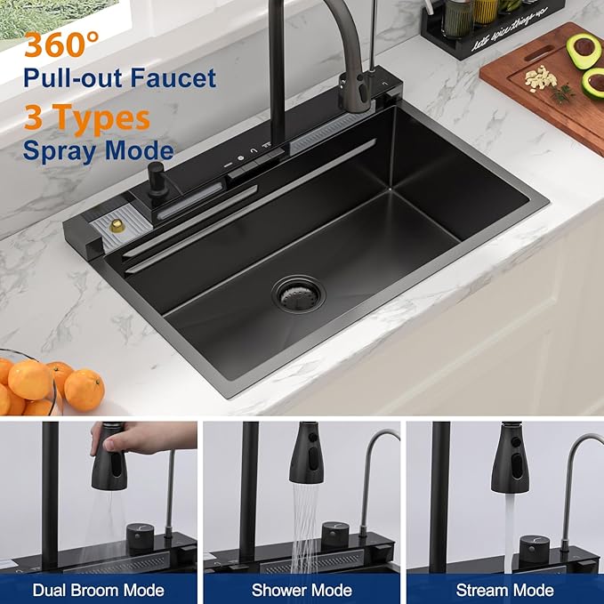 Sarlai Waterfall Kitchen Sink - 30 Inch Drop In Workstation Sink With Waterfall Black Stainless Steel 16 Gauge Multifunction Single Bowl Smart Top Mount Kitchen Sinks with Mechanical Keys 30x19 Inch