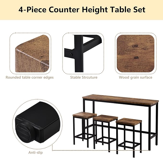 Merax 4-Piece Counter Height Extra Long Dining Table Set with 3 Stools and Side Table with Footrest Pub Kitchen Set (Brown)