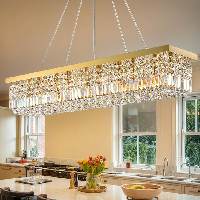 59-inch Modern Crystal Chandelier,13-Light K9 Crystal Rectangle Chandelier for Dining Room,Kitchen Island Adjustable Hanging Pendant Light Fixture,Gold Brass
