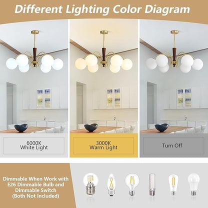 KCO Lighting 6 Light Gold Sputnik Light Fixture Vintage Brass Milk Glass Chandelier White Globe Pendant Lights Kitchen Island Modern Farmhouse Chandeliers for Dining Room