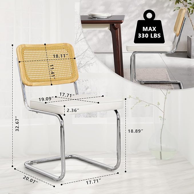 Velvet Upholstered Dining Chair Set of 2 Modern Breuer Designed Rattan Back Stainless Chrome Base Armless Dining Chairs for Kitchen Island, Restaurant,Apartment(White)