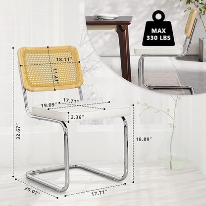 Velvet Upholstered Dining Chair Set of 2 Modern Breuer Designed Rattan Back Stainless Chrome Base Armless Dining Chairs for Kitchen Island, Restaurant,Apartment(White)