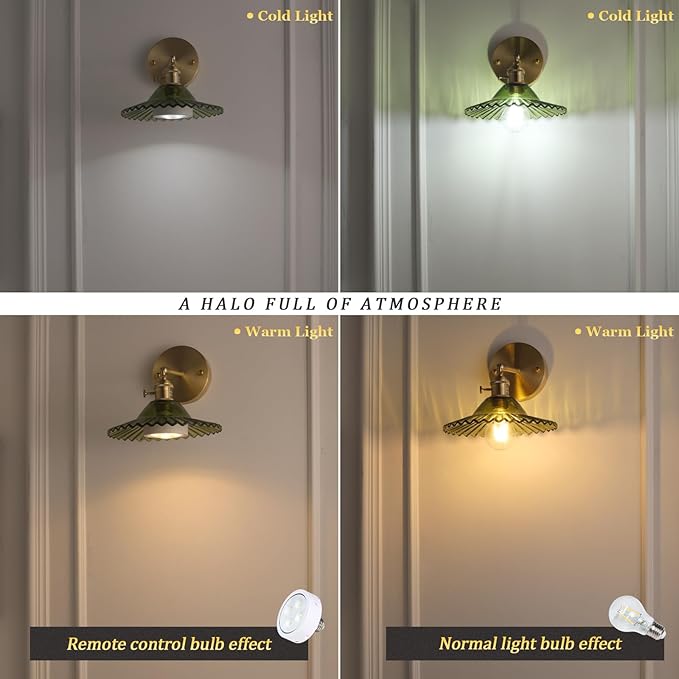 Shenmoyl Vintage Wall Sconces with Green Lotus Glass Lampshade 180 Degree Adjustable Brass Sconces Hradwired Modern Wall Lighting Fixture with Switch for Bedside Bedroom Doorway