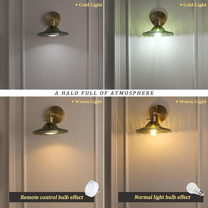 Shenmoyl Vintage Wall Sconces with Green Lotus Glass Lampshade 180 Degree Adjustable Brass Sconces Hradwired Modern Wall Lighting Fixture with Switch for Bedside Bedroom Doorway