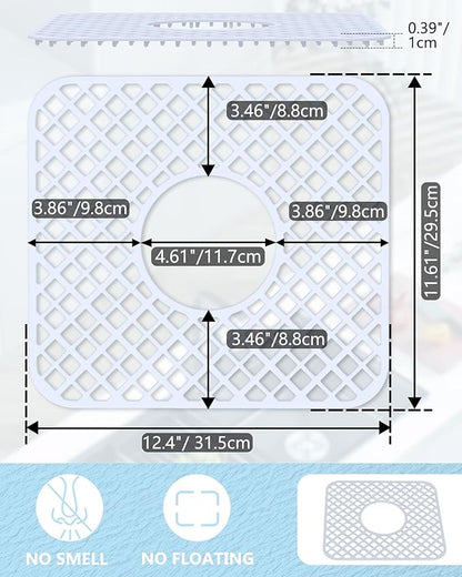 2 Pack Silicone Sink Protector for Kitchen Sink, Trellis Pattern 12 x 11" Sink Grid Mat Silicone Protectors, Center Drain, White