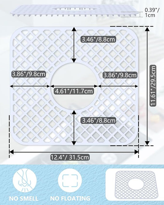 2 Pack Silicone Sink Protector for Kitchen Sink, Trellis Pattern 12 x 11" Sink Grid Mat Silicone Protectors, Center Drain, White