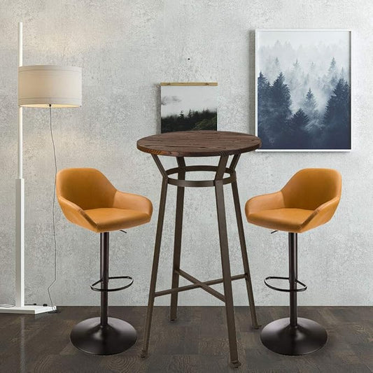 Glitzhome 3-Piece Pub Table and Chairs, Round Bar Height Adjustable Swivel PU Leather Bar Stools Set of 2, Rustic Dining Room Tables for Kitchen Island Bistro Office Living Room Small Space Restaurant
