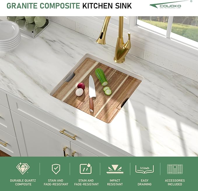 18 Inch White Undermount Bar Sink 18x18 Undermount Bar Sink Mini Wet Bar White Quartz Granite Composite Small Kitchen RV Sinks Single Bowl Outdoor Island Basin with Cutting Board