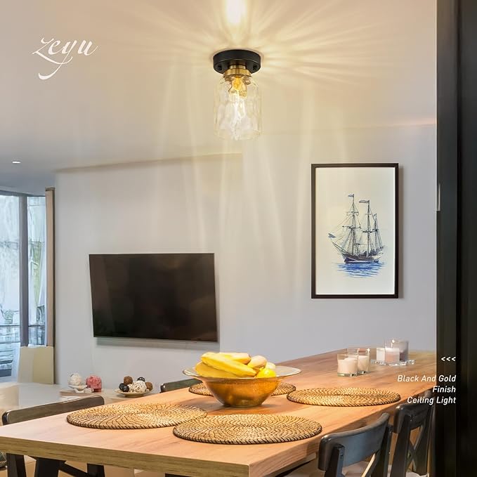 zeyu Industrial Semi Flush Mount Ceiling Light, Round Hallway Lighting Fixtures Ceiling for Kitchen Entryway, Water Ripple Glass Shade, Black and Gold Finish, ZG33F BK+BG-WG