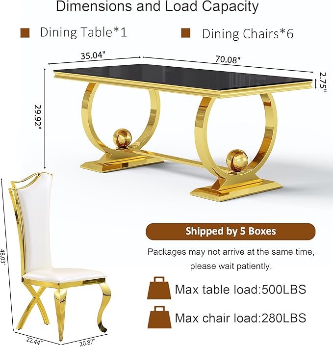 7-Piece Modern Luxury Dining Table Set, 70" Black Tempered Glass Dining Table with Gold Polished Stainless Steel U-Shaped Pedestal Base, 6 White PU Leather X-Leg Dining Chairs, for Dining Room