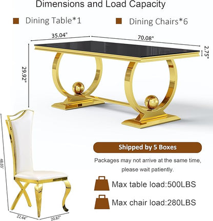 7-Piece Modern Luxury Dining Table Set, 70" Black Tempered Glass Dining Table with Gold Polished Stainless Steel U-Shaped Pedestal Base, 6 White PU Leather X-Leg Dining Chairs, for Dining Room