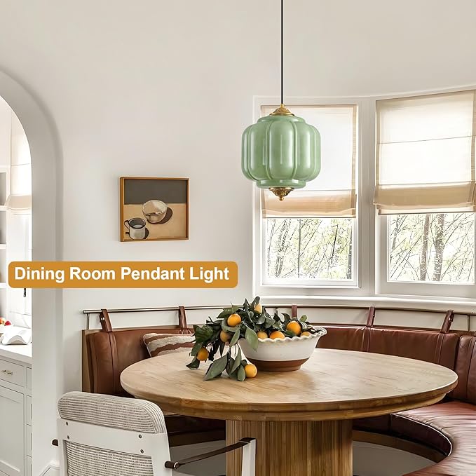 Green Glass Pendant Light, 9in Medium Schoolhouse Light Fixture, LED Bulb Included, Vintage Art Deco Chandelier for Kitchen Island Dining Room Bedroom Hallway, Green & Antique Gold 1 Pack