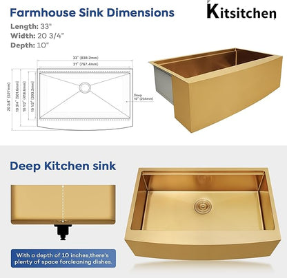 Kitsitchen 33 Inch Gold Farmhouse Sink,16 Gauge Single Bowl Workstation Stainless Steel Rustic Farmhouse Kitchen Sink,Large Apron Front Undermount Farm Kitchen Sinks with Accessories(33"x20"x10")