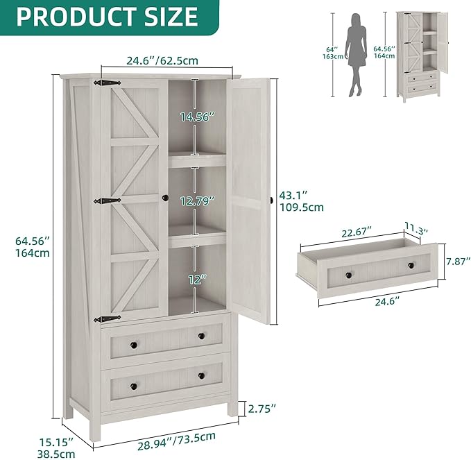 YITAHOME Farmhouse Kitchen Pantry Cabinet, 64.5" Tall Storage Cabinet with 2 Drawers & Adjustable Shelves, Ideal for Kitchen, Living Room, or Entryway, White